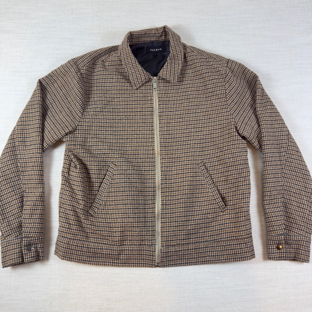 PacSun Mens Medium Houndstooth Harrington Jacket Brown Black Zip Up Outerwear